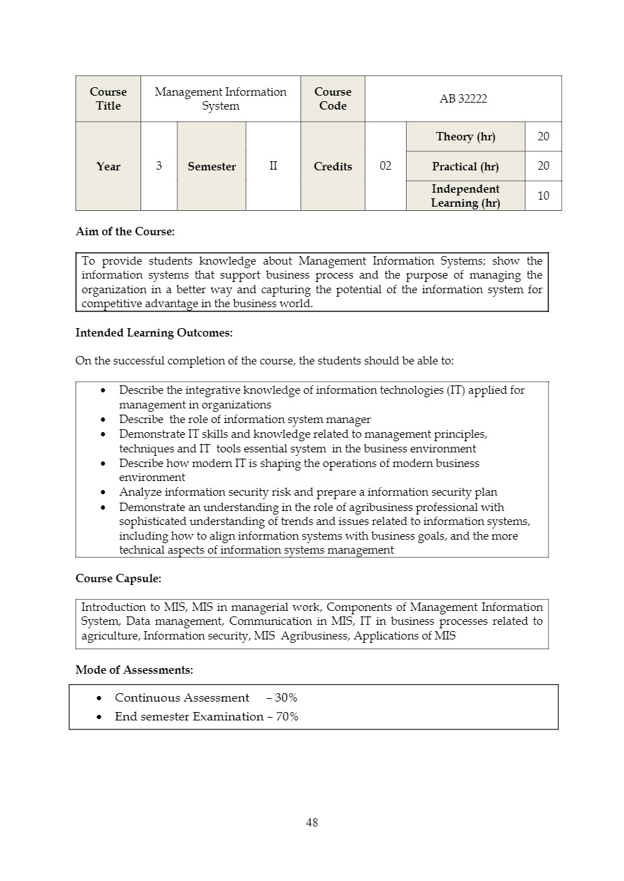 Faculty of Agriculture & Plantation Management B.Sc. Agriculture
