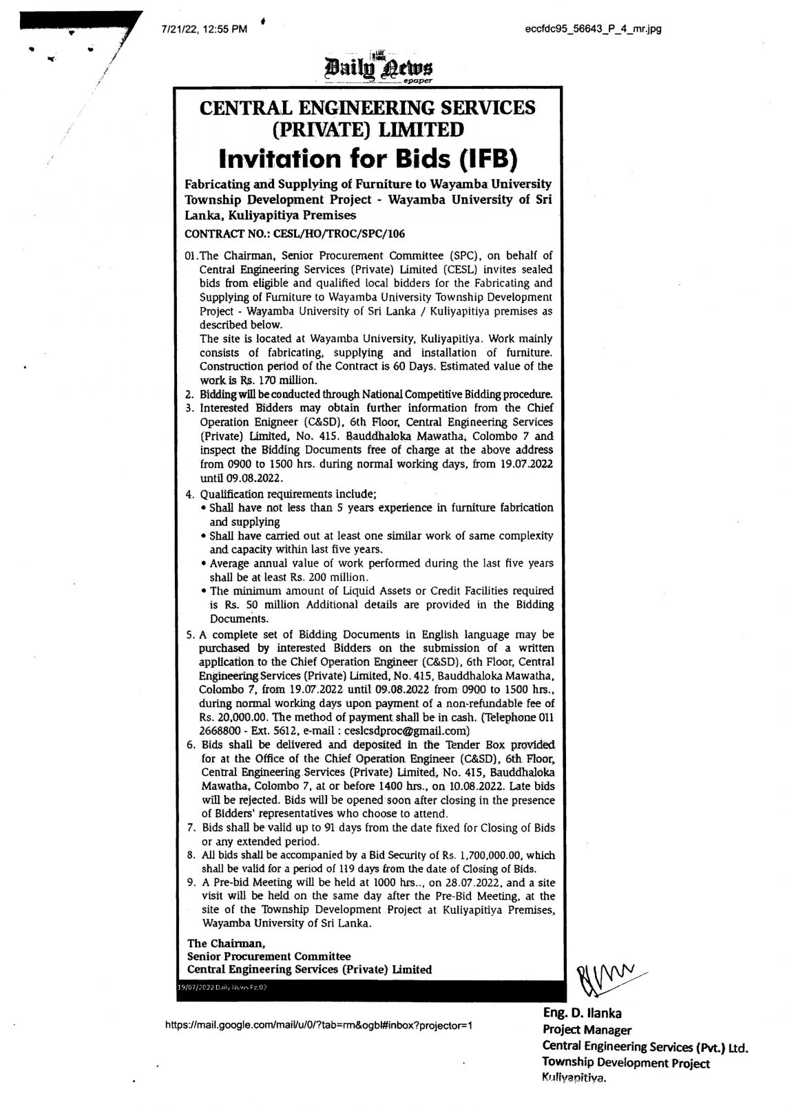 Invitation for Bids (IFB) Fabricating and Supplying of Furniture