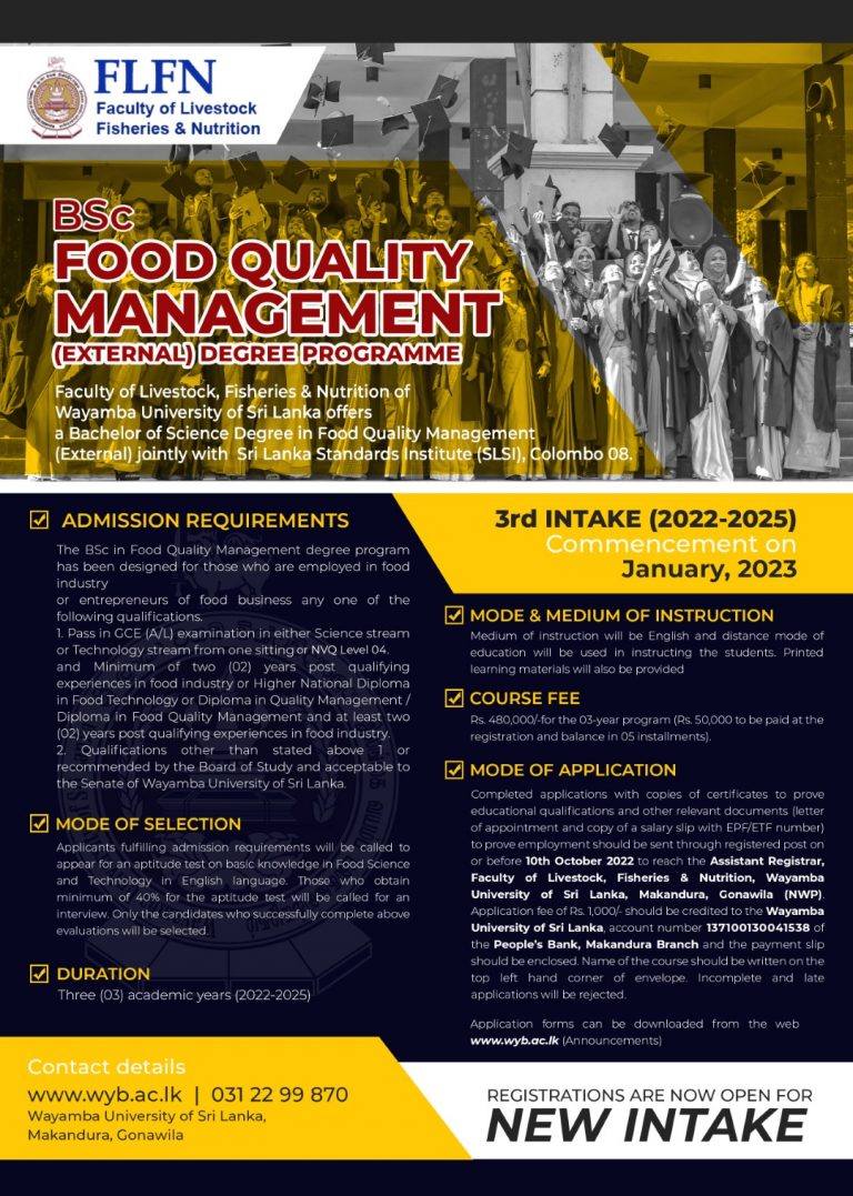 Bachelor of Food Quality Management (External) Wayamba University of