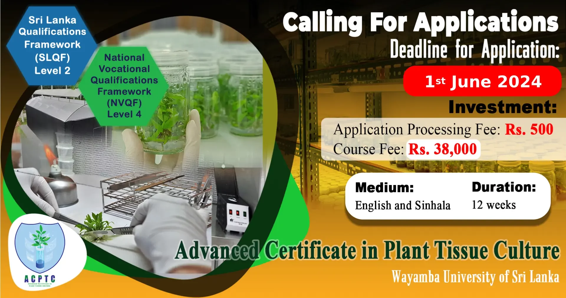 Advanced Certificate in Plant Tissue Culture – Calling For Applications